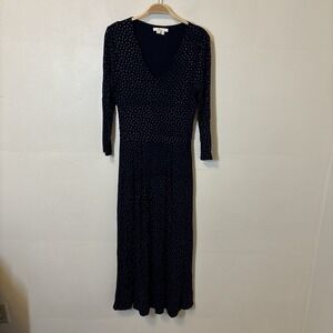 Boden Dress Midi Maxi Blue Gold Pollka Dot Stretch‎ Jersey 8 V-Neck Pockets